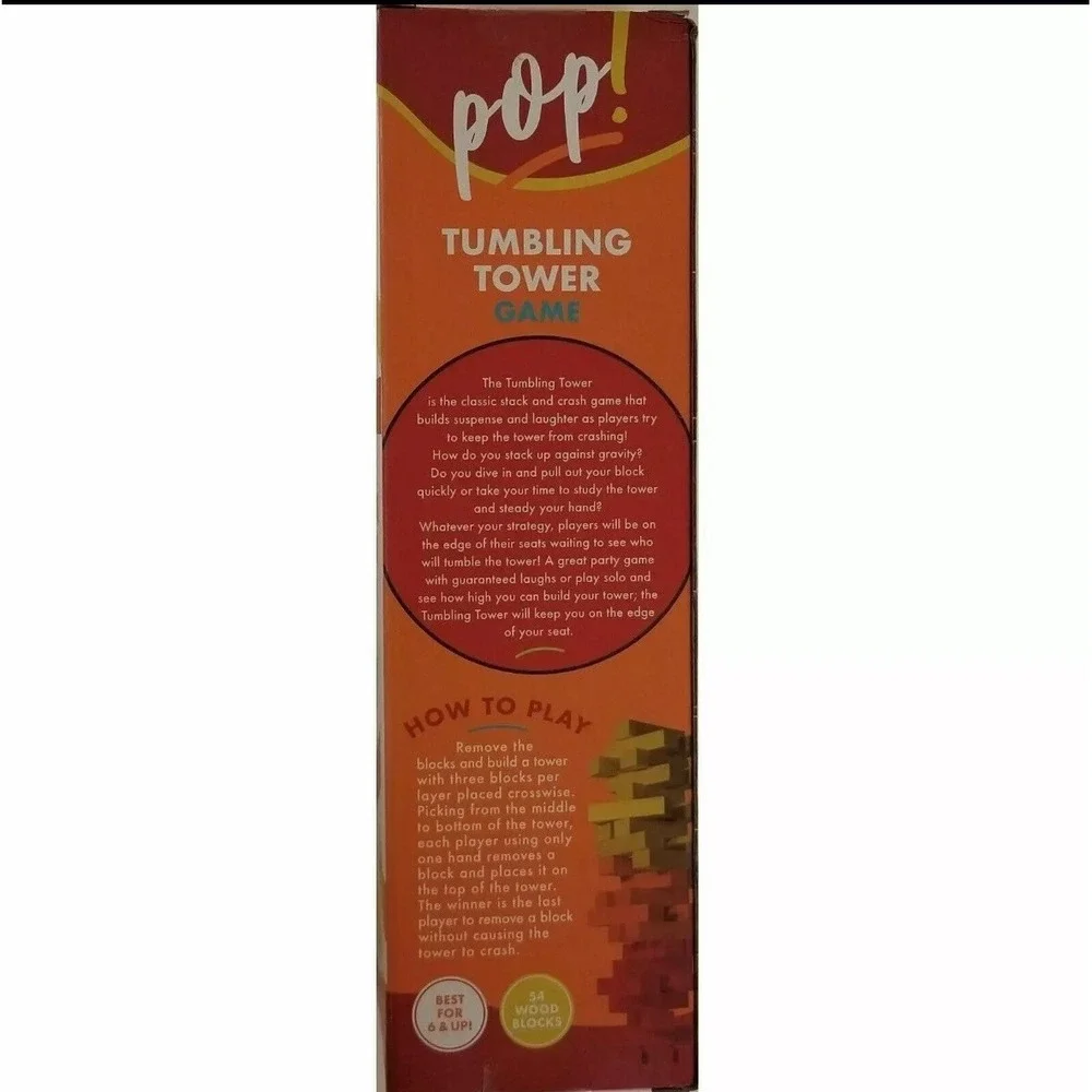 POP! Tumbling Tower Game, 54 Wooden Blocks, Yellow Orange & Red 3"x.5"x.5" Block - Picture 3 of 4